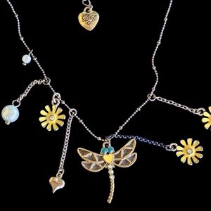🧚‍♀️✨VTG Betsey Yellow & Blue Dragonfly Firefly Floral Charm Necklace - GPC